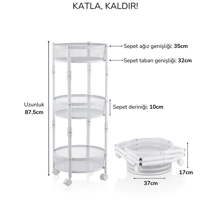 Cornella 3 Katlı Pratik Katlanır Tekerlekli Yuvarlak Sepet Beyaz