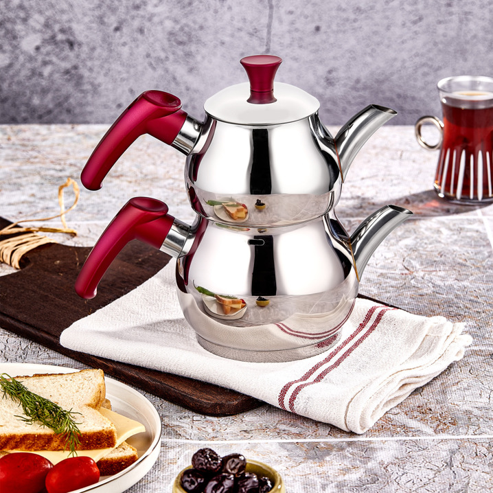 Aksu Küre Orta Boy Paslanmaz Çelik Çaydanlık Takımı Fuşya Renk 1.00-2.00lt