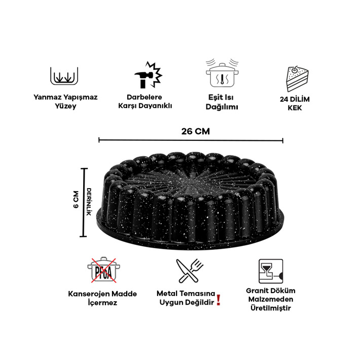 Taç Granit Döküm Tart Kek Kalıbı Siyah 26 cm