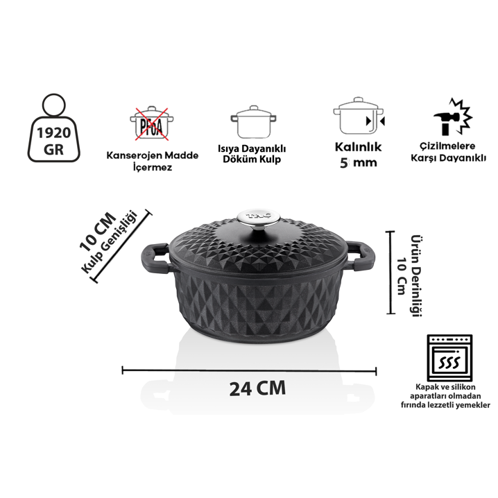 Taç Bella Döküm Kapak Derin Tencere 24 Cm Siyah