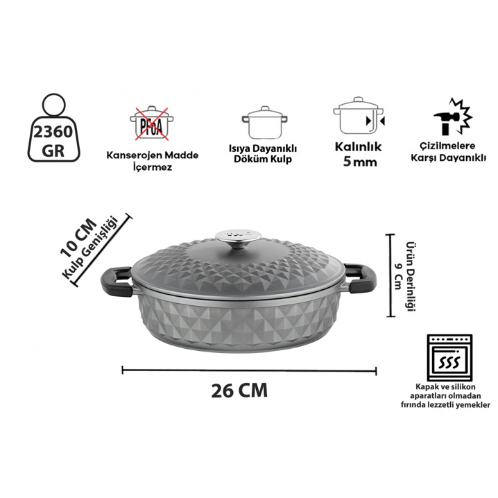 Taç Bella Döküm Kapak Basık Tencere 26 Cm Gri - Taç