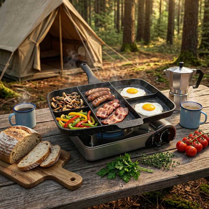 Taç 5 Bölmeli Döküm Tava 40x30 cm | Ocak & Fırın Uyumlu | Kamp ve Mutfak İçin Çok Amaçlı Kahvaltı Tavası