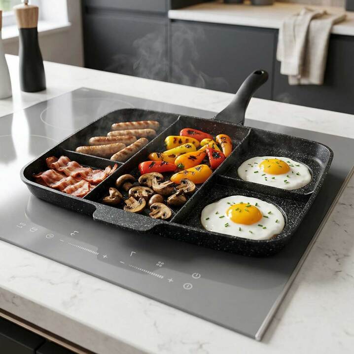 Taç 5 Bölmeli Döküm Tava 40x30 cm | Ocak & Fırın Uyumlu | Kamp ve Mutfak İçin Çok Amaçlı Kahvaltı Tavası