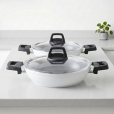 Taç Master Ceramica Cam Kapaklı 4 Parça Seramik Sahan Seti Beyaz (18-22 cm)