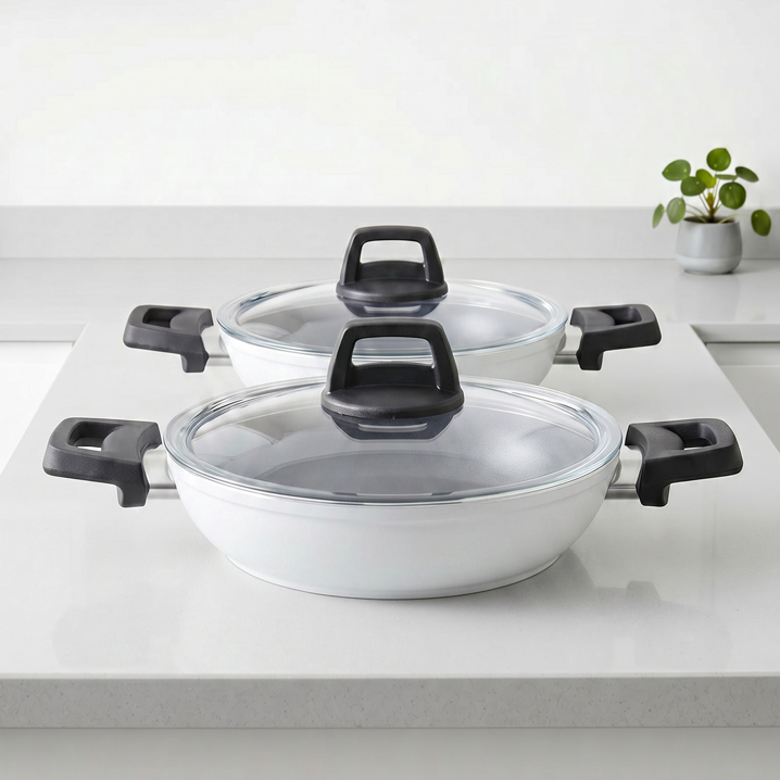 Taç Master Ceramica Cam Kapaklı 4 Parça Seramik Sahan Seti Beyaz (18-22 cm)