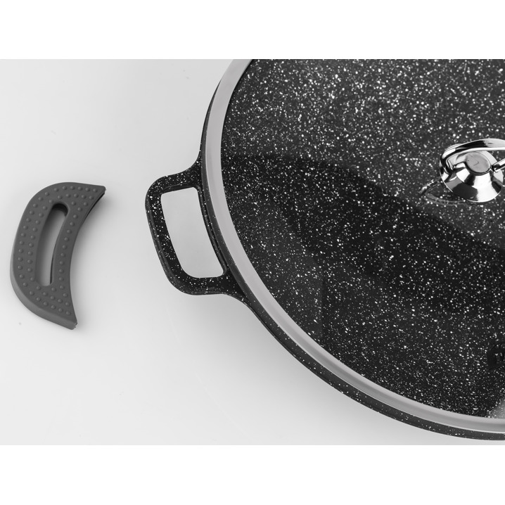 Taç Granit Döküm Cam Kapaklı Sac Kavurma ve Gözleme Tavası 34 cm Siyah
