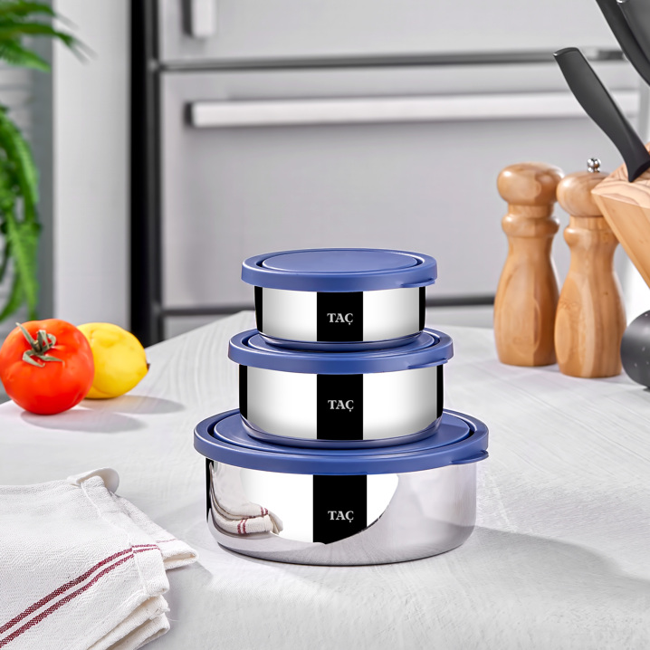 Taç Fresh 3'lü Çelik Saklama Kabı Seti Mavi